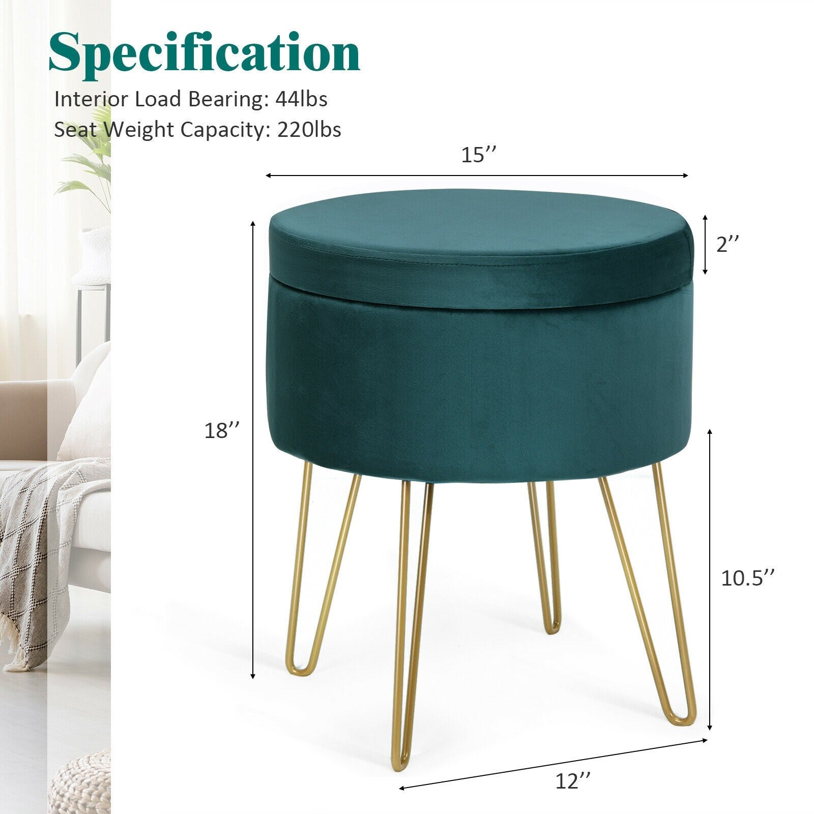 Velvet Footrest Stool Round with Storage Function