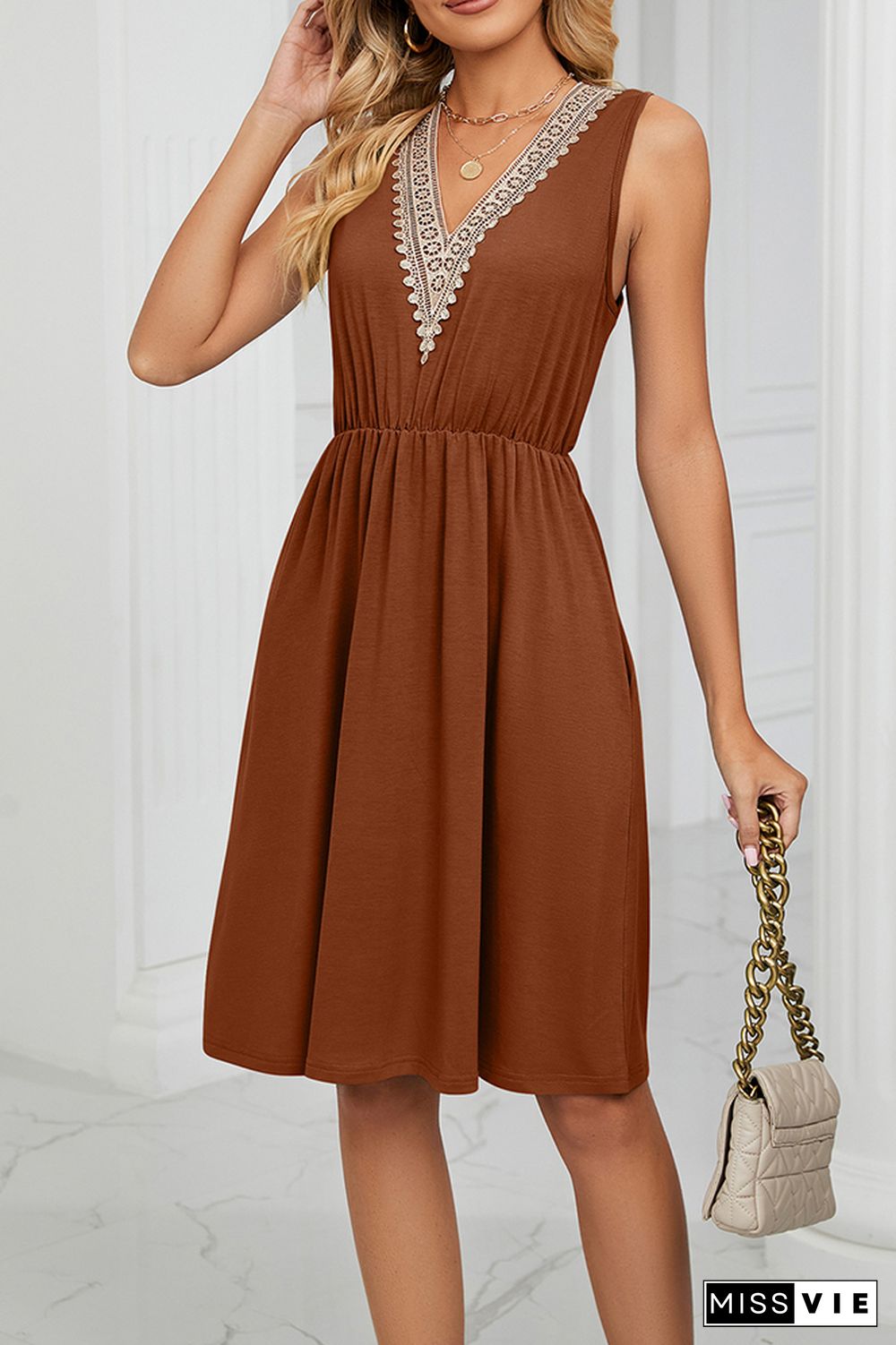 V Neck Lace Edge High Waist Pockets Sleeveless Tank Dress