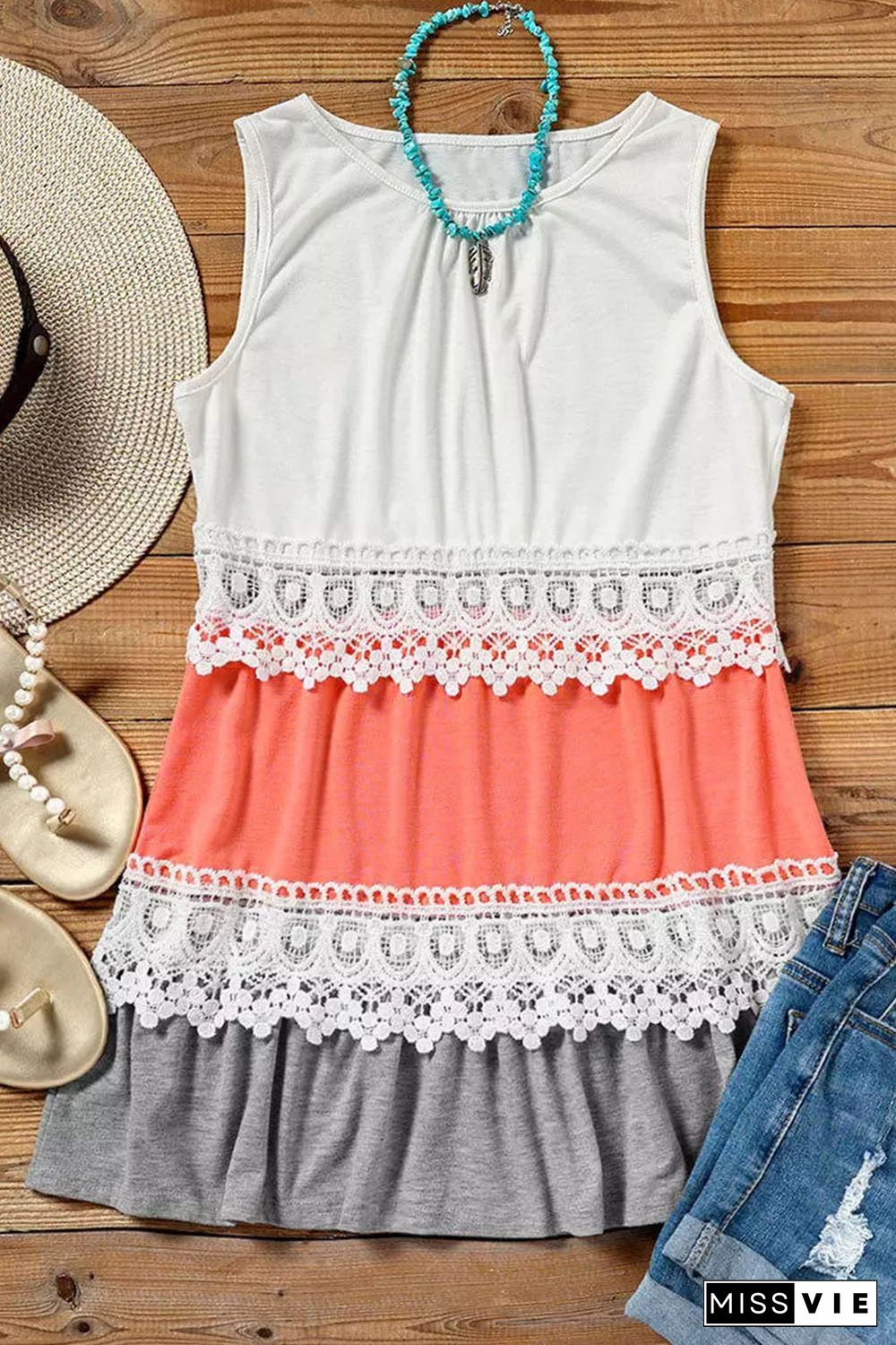 White Crochet Lace Trim Color Block Tank Top