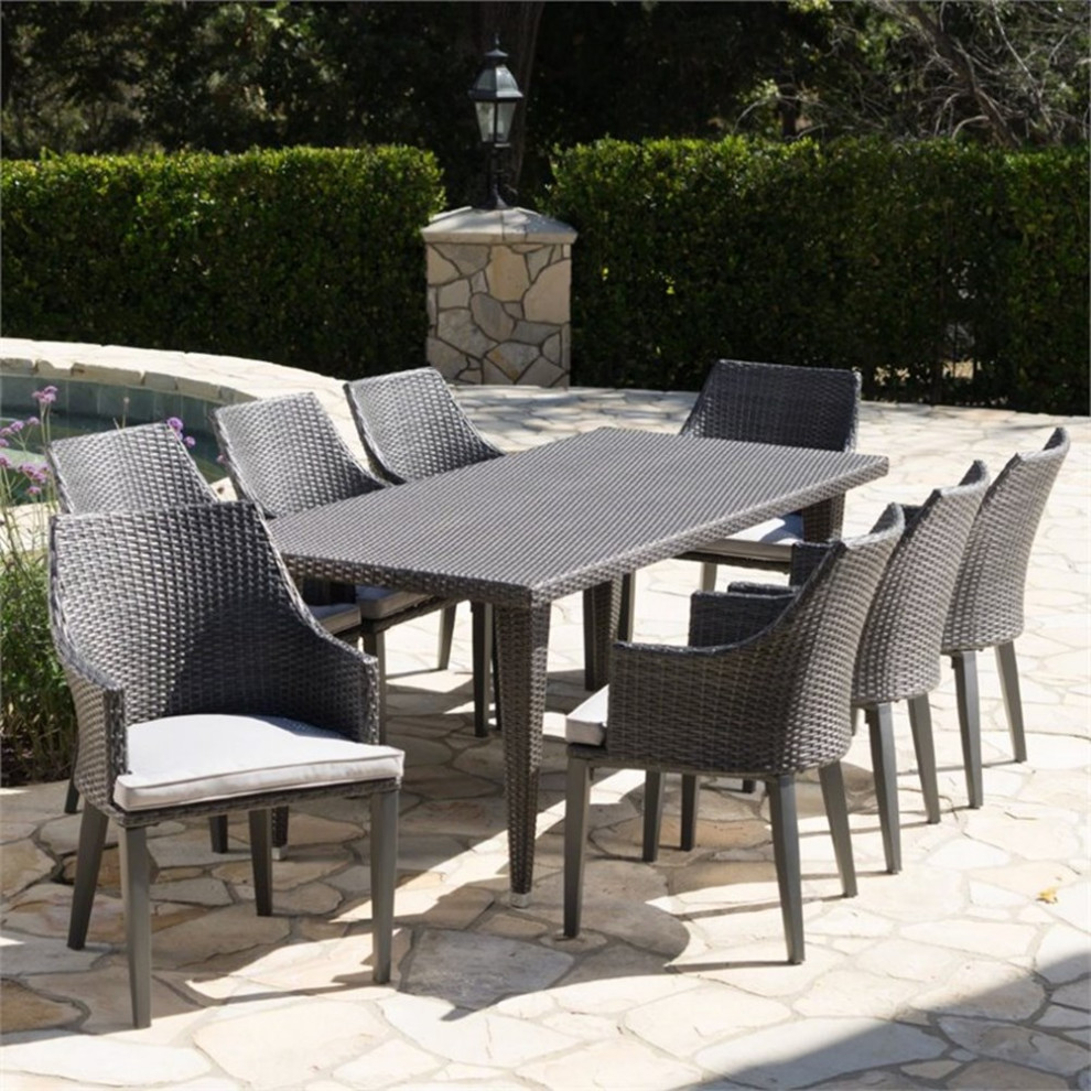 Noble House Lenox 9 Piece Outdoor Wicker Dining Set in Gray   Tropical   Outdoor Dining Sets   by Homesquare  Houzz