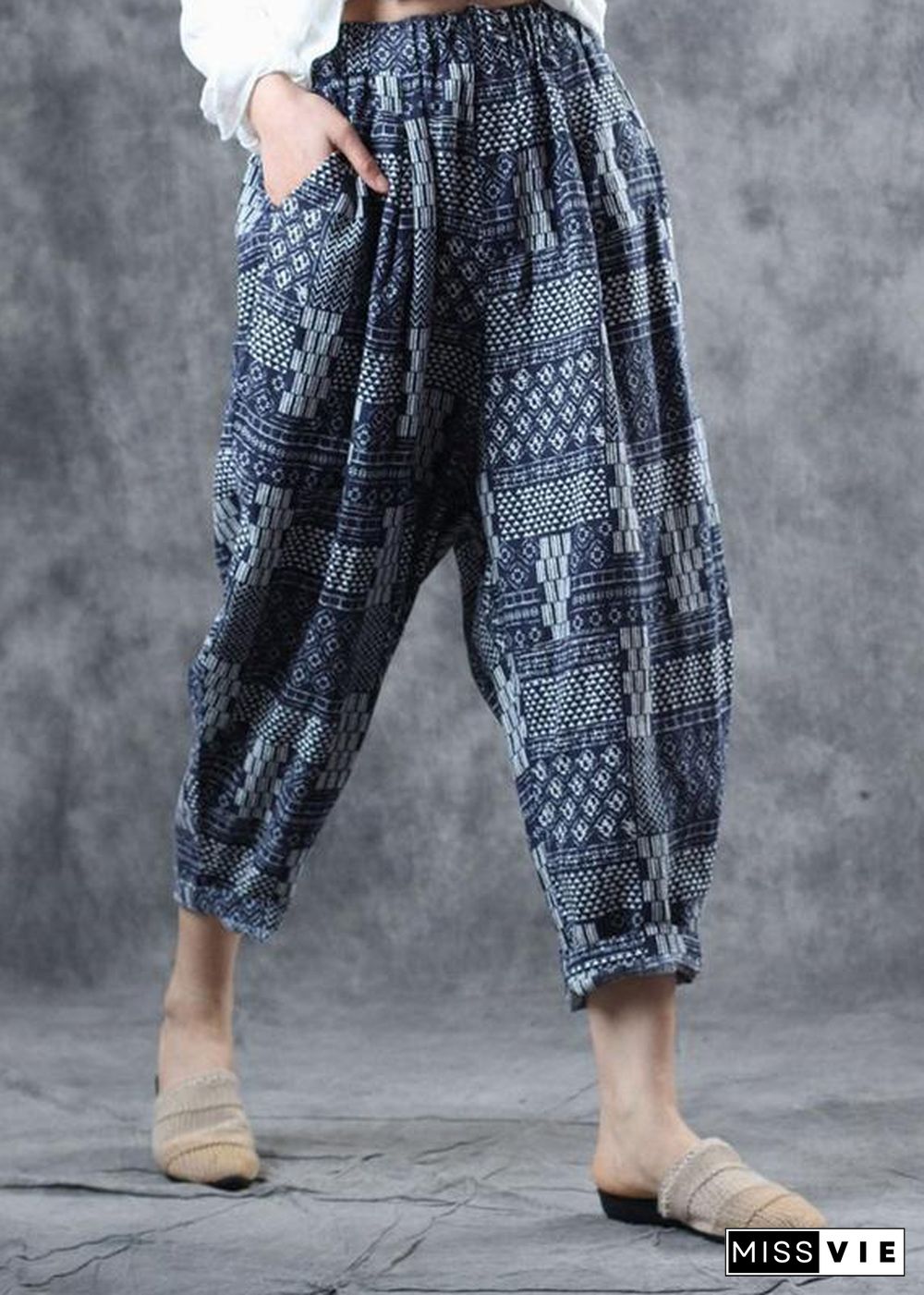 fall new blue prints women pants linen blended elastic waist harem pants