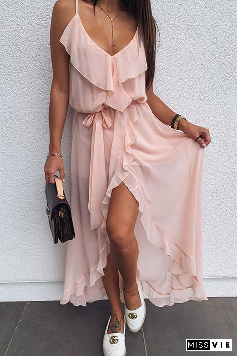 V-Neck Ruffled Chiffon Dress