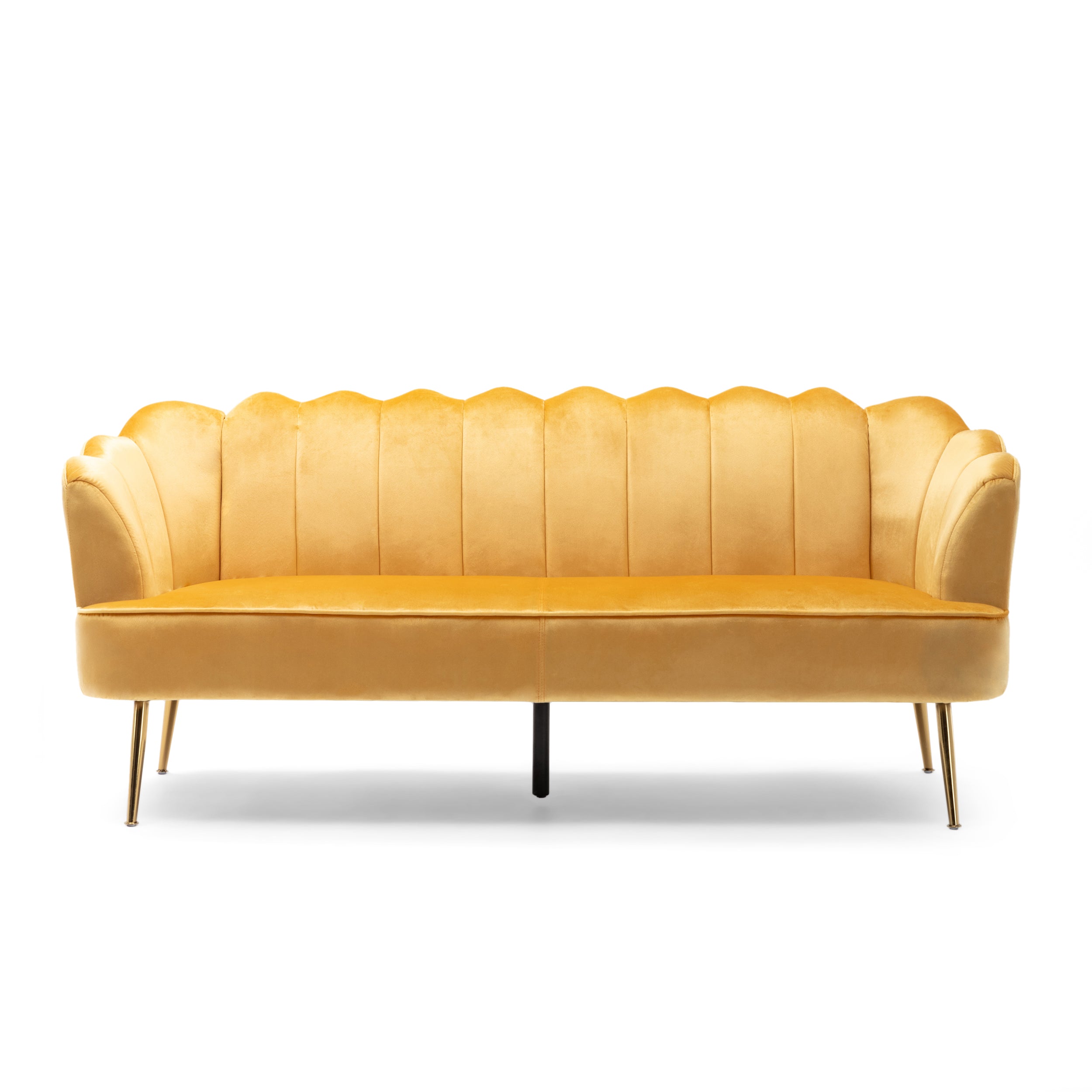 GDF Studio Ohnstad Modern Glam Velvet Channel Stitch 3 Seater Shell Sofa, Honey Yellow and Gold