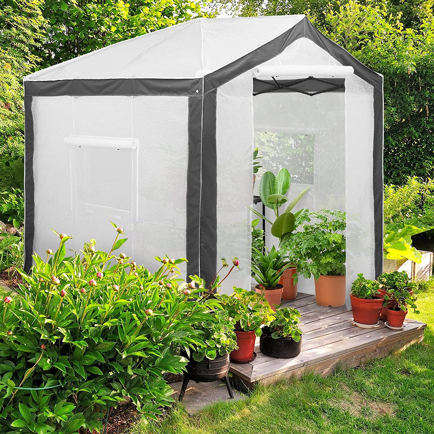 EAGLE PEAK 8 ' x 8 ' Portable Walk-in Greenhouse with Roll-up Zipper Entry Door and 3 Large Roll-Up Screen Windows, Instant Pop-up Easy Setup Indoor Outdoor Plant Gardening Green House, White