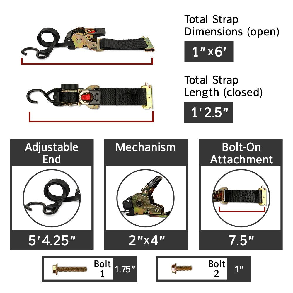 "DC Cargo Mall 2 Quick n Easy AutoRetract Strap Cargo Tie Downs - Retractable 1"" x 6' Bolt-on or E-Track Fitting Ratchet Straps w/S Hook for Trailers & Pickups"