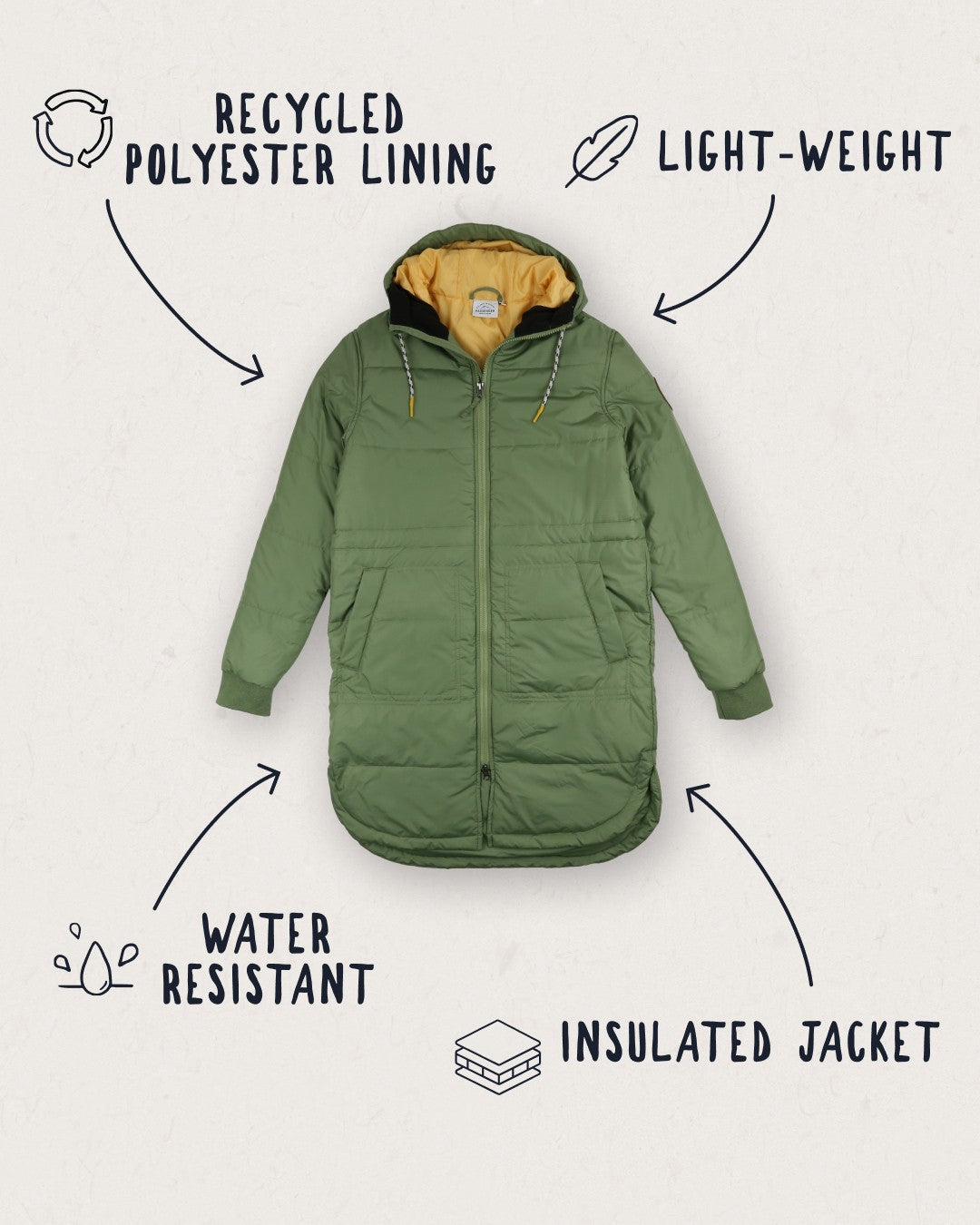 Flora Long Recycled Insulated Jacket - Vineyard Green