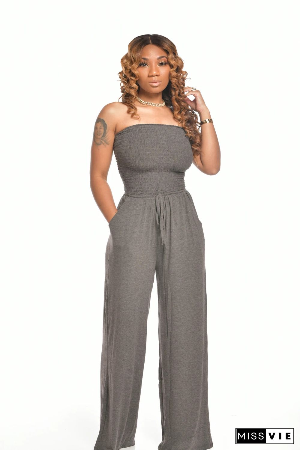 Strapless Elastic Bust High Waist Wide Leg Jumpsuit