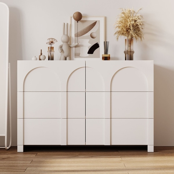 White French Style 6 Drawer Double Dresser， Rubber Wood Accent Storage Cabinet with Arch Door， Closet Chest of Drawers - - 37838436