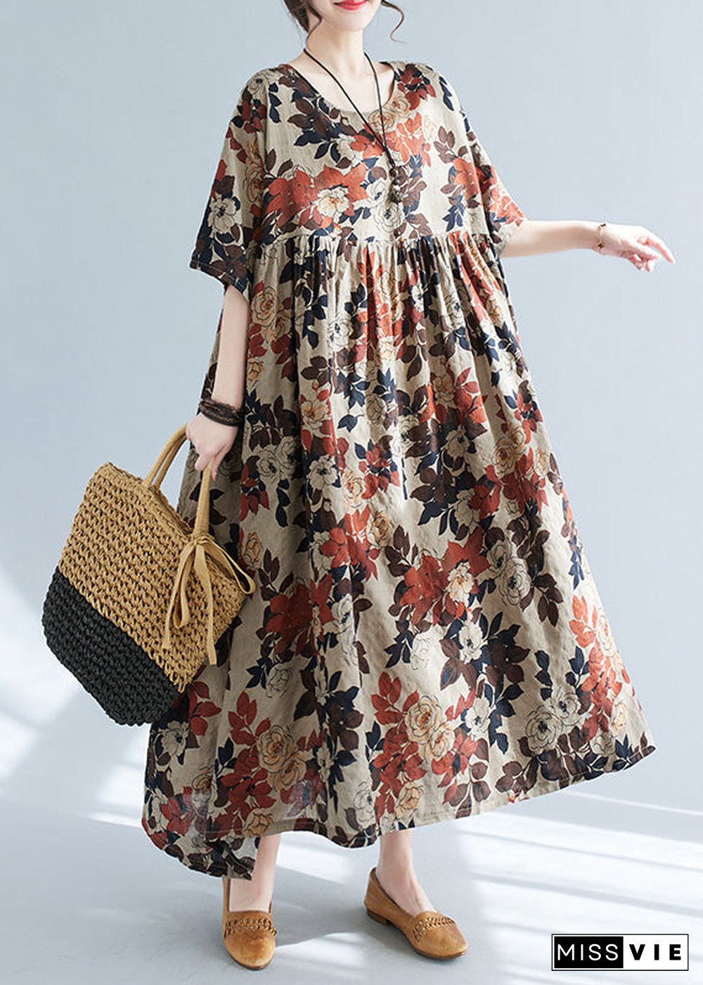 Elegant O-Neck Print Patchwork Long Dresses Short Sleeve