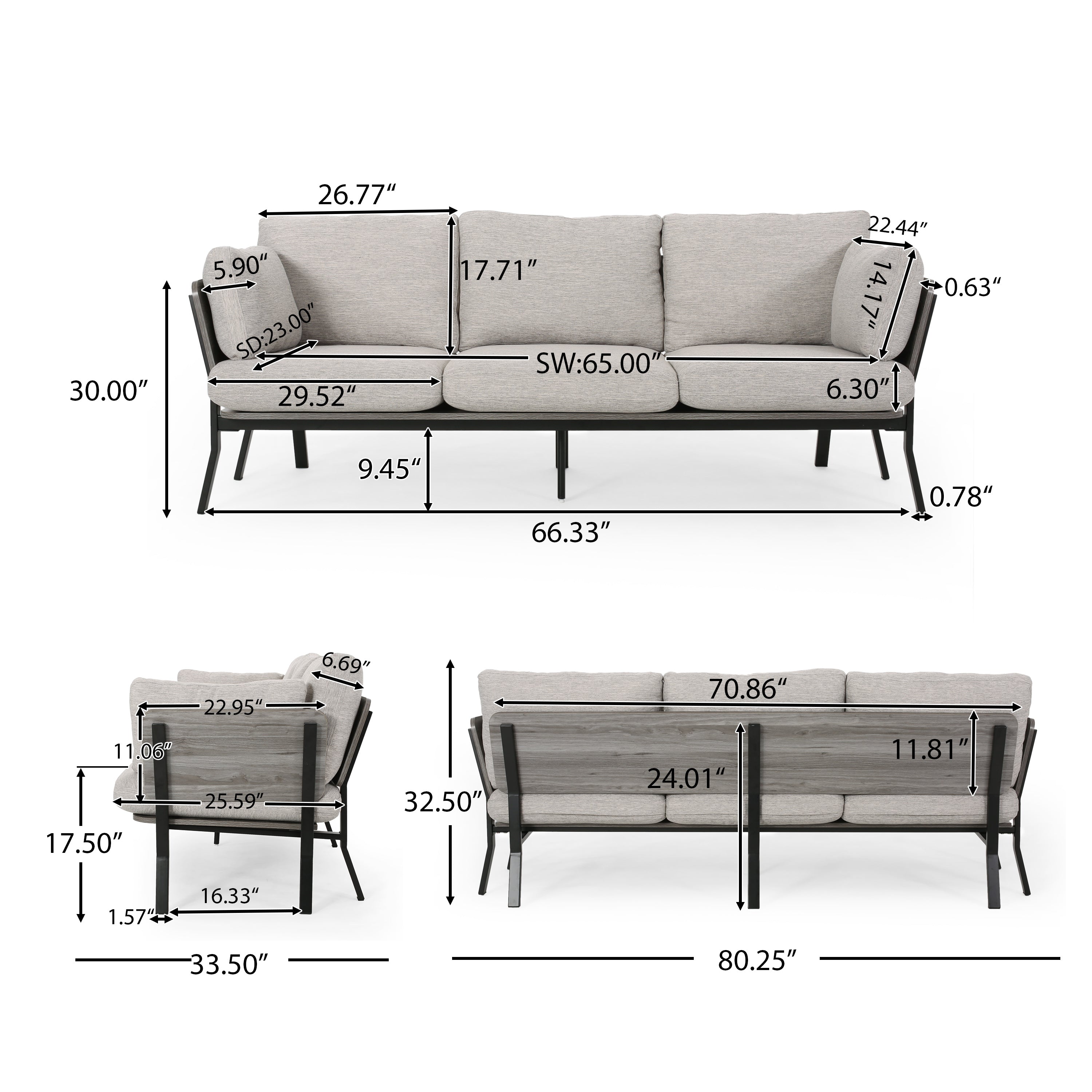 Athea Mid-Century Modern 3 Seater Wood Frame Sofa