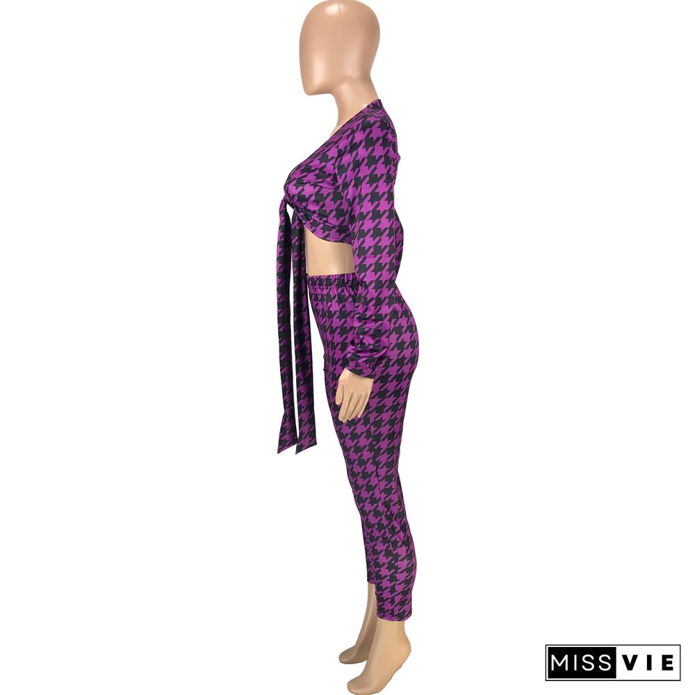 Houndstooth Print Bandage Crop Top Pants Set