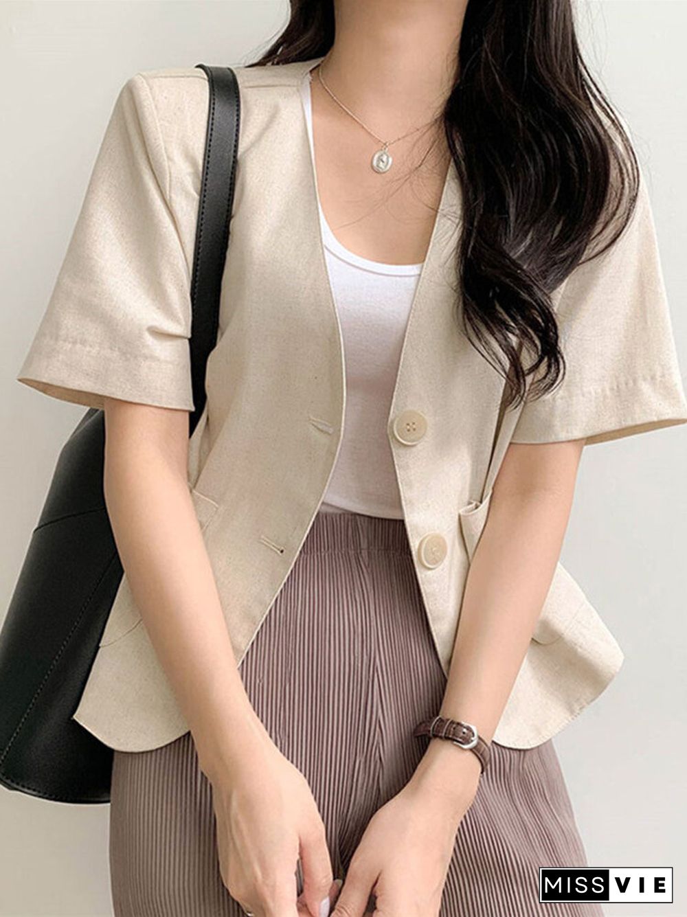 Solid Button Front Pocket Short Sleeve Lapel Blazer