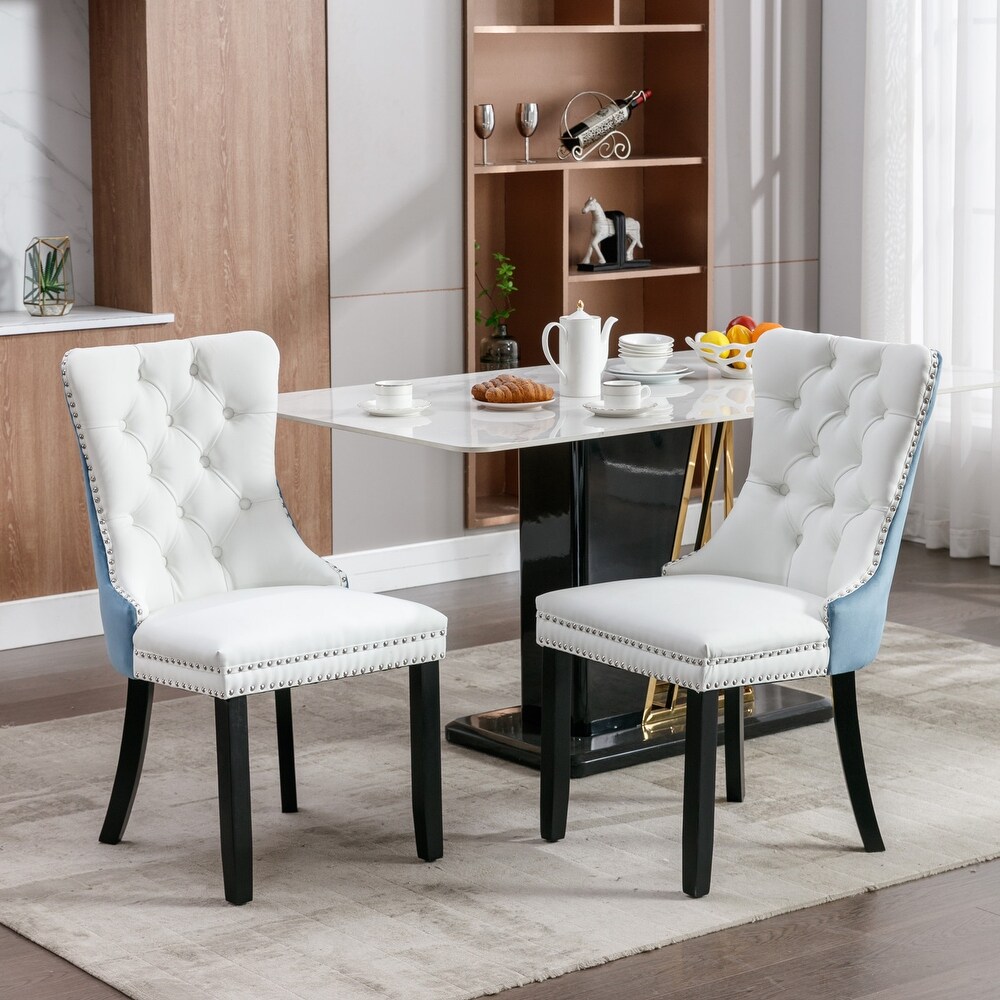 Tufted Solid Wood PU and Velvet Upholstered Dining Chair with Nailhead Trim 2 Pcs Set