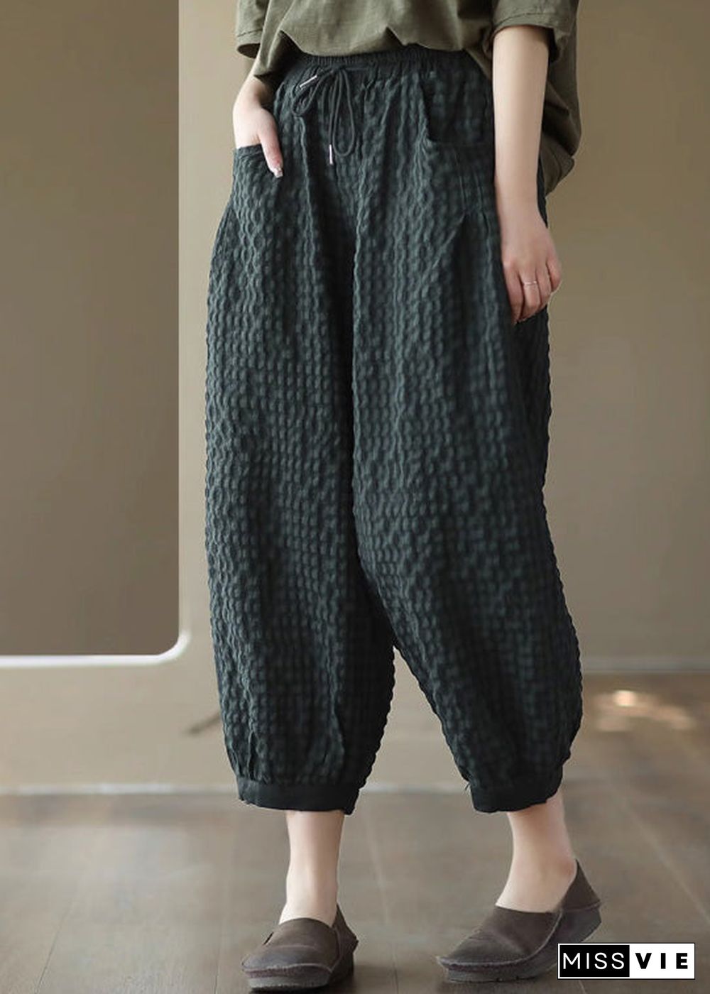 Blackish Green Tie Waist Cozy Crop Pants