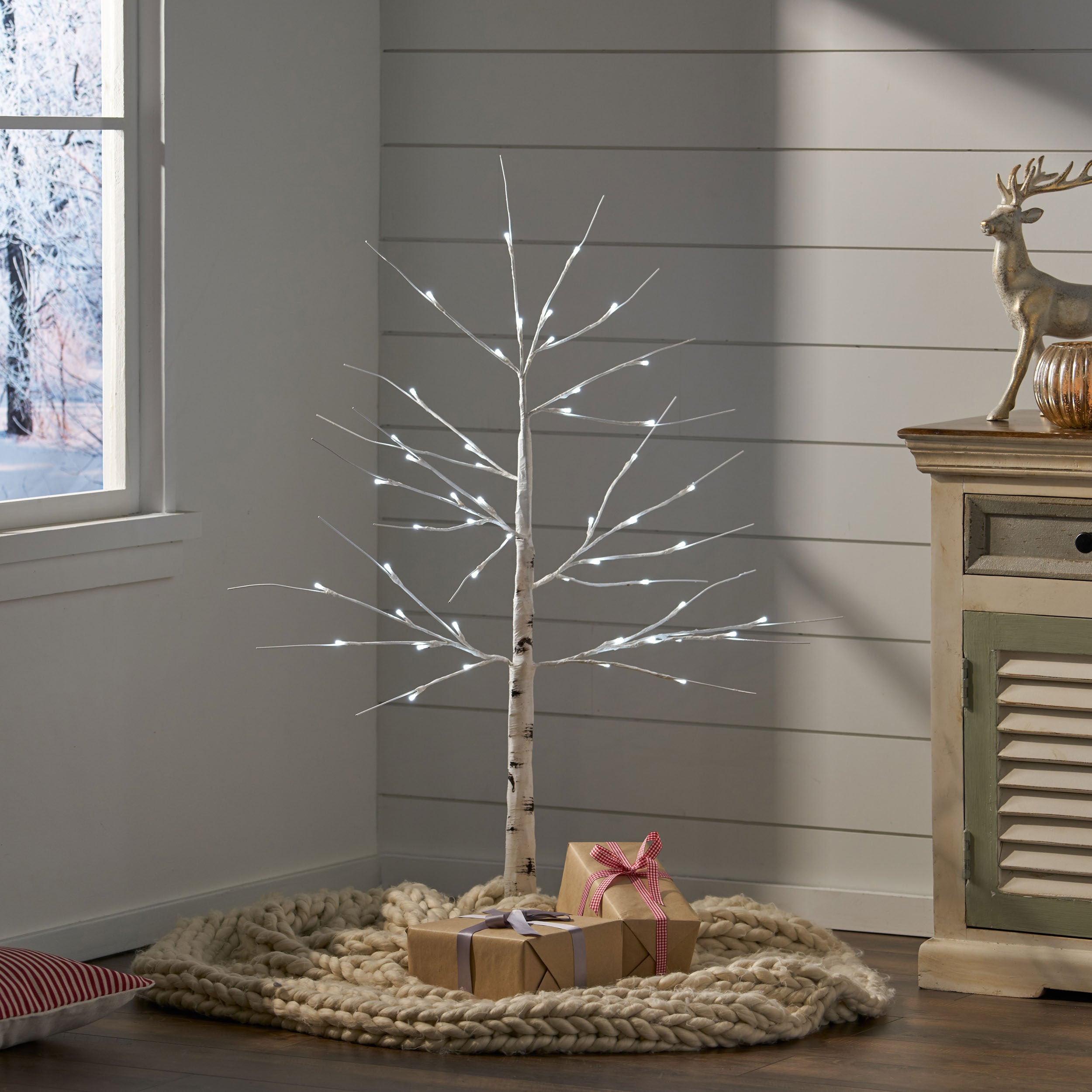 Berwick 4-Foot Pre-Lit 48 White LED Artificial Twig Birch Tree, White