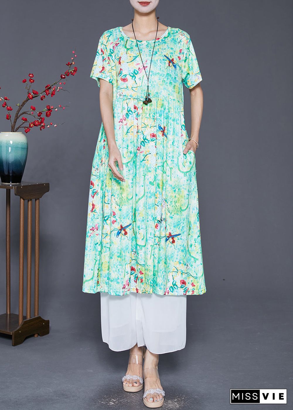 Bohemian Green Print Exra Large Hem Cotton Dress Summer