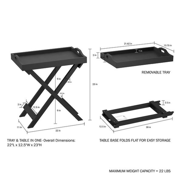 Lavish Home Folding End Table Wooden Stand with Removable Tray - 22 x 12.5 x 23