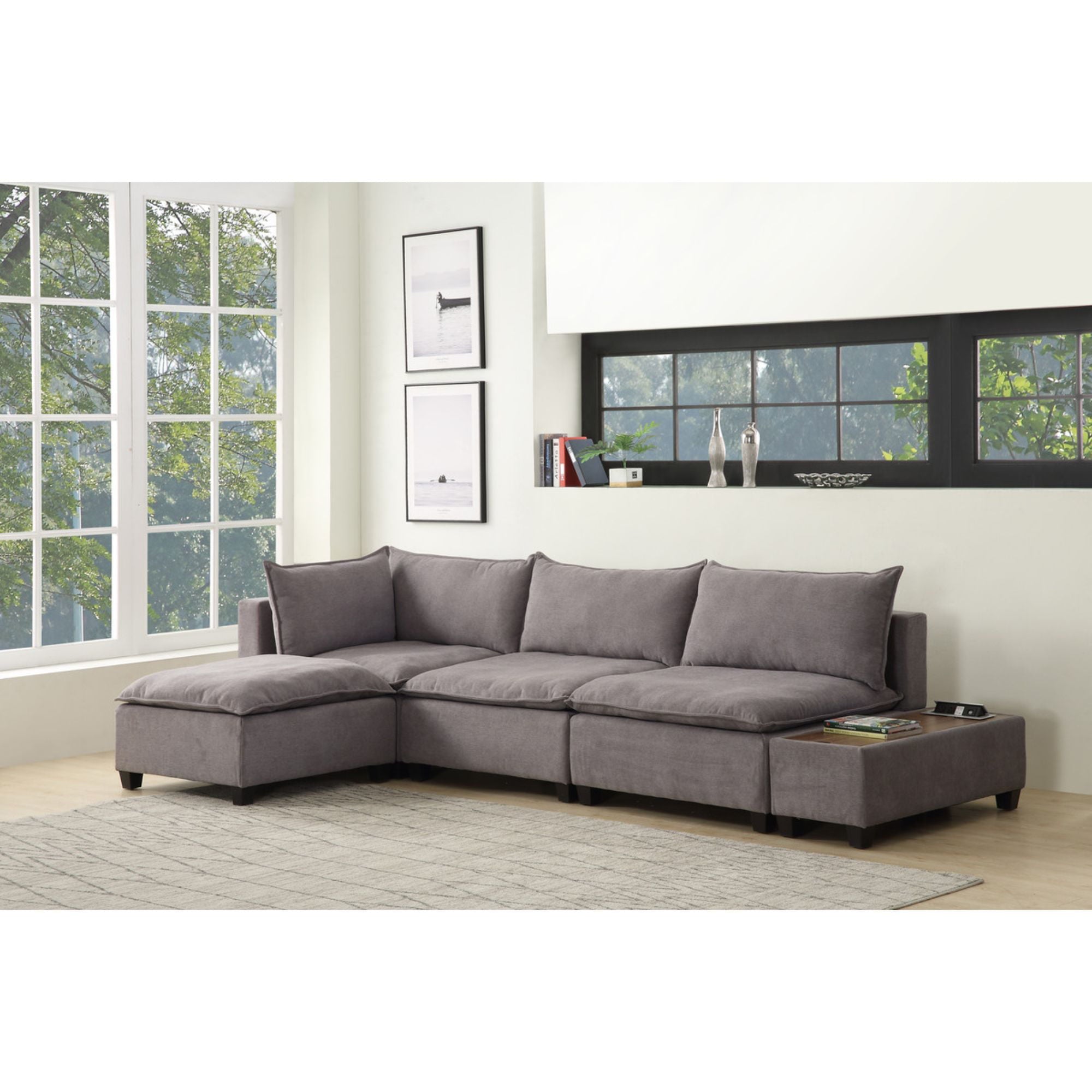 Set of 5 Trout Gray Madison Modular Sectional Sofa Ottoman with USB Storage Console Table, 10.75'