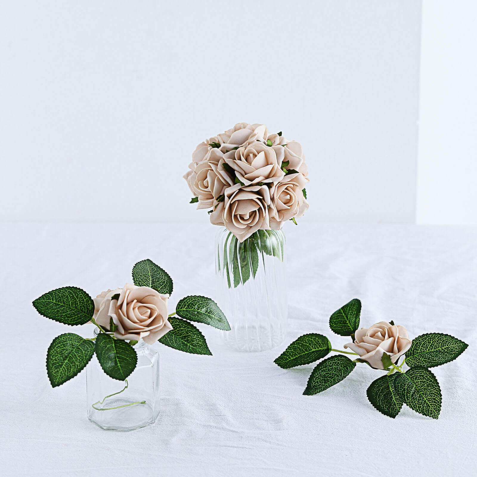 24 Roses Champagne Artificial Foam Flowers With Stem Wire and Leaves 2