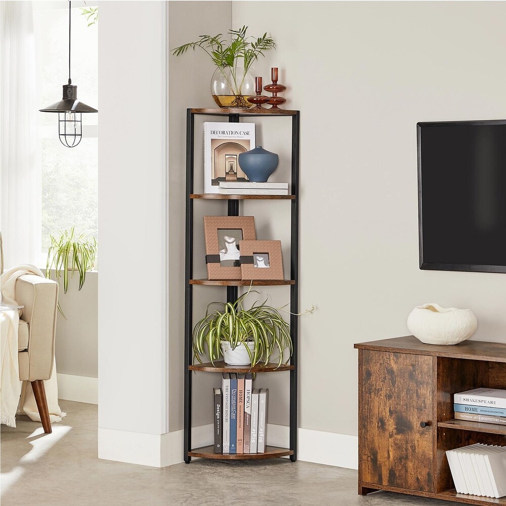 5 Tier Corner Shelf  Corner Bookshelf Small Bookcase  Tall Corner Storage Shelves   Rustic Brown and Black