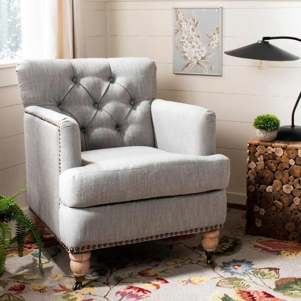 Leonard Tufted Club Chair With Brass Nail Heads Stone/Gray/Whitewash   Traditional   Armchairs And Accent Chairs   by Rustic Home Furniture Deco  Houzz