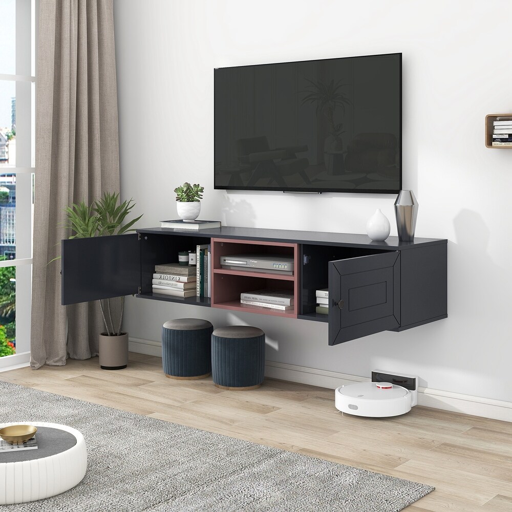 Wall Mounted Floating TV Stand with Large Storage Space and 3 Shelves