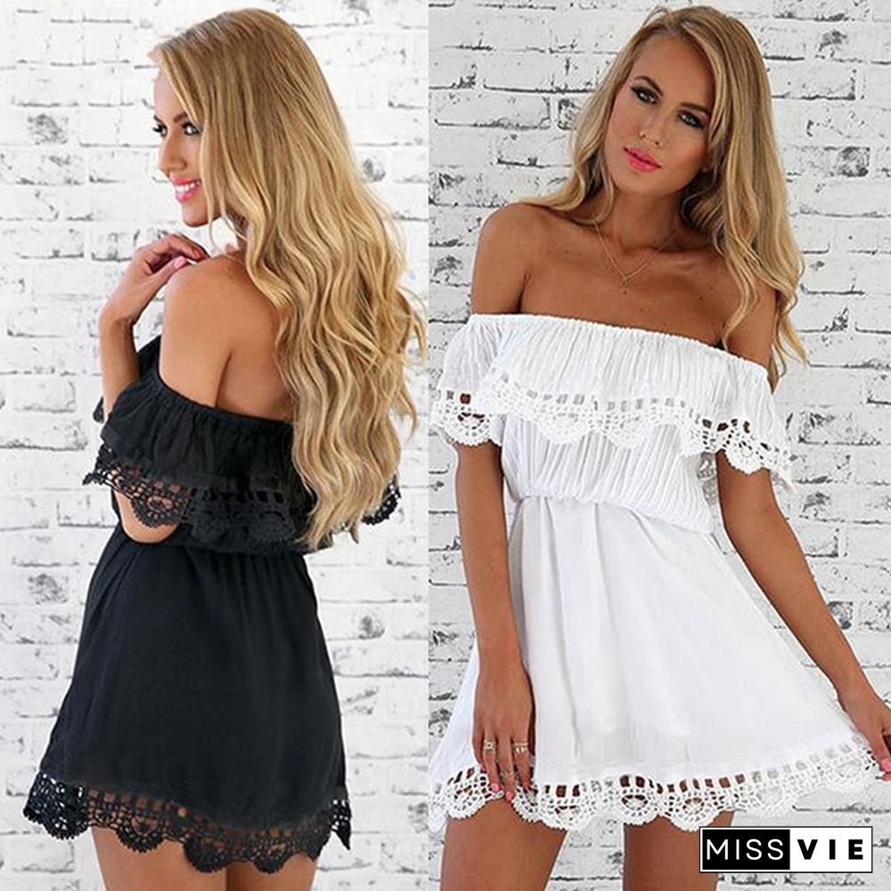 Summer Women White Lace Stitching Dress Off Shoulder Strapless Sexy Dress Neck Mini Dresses