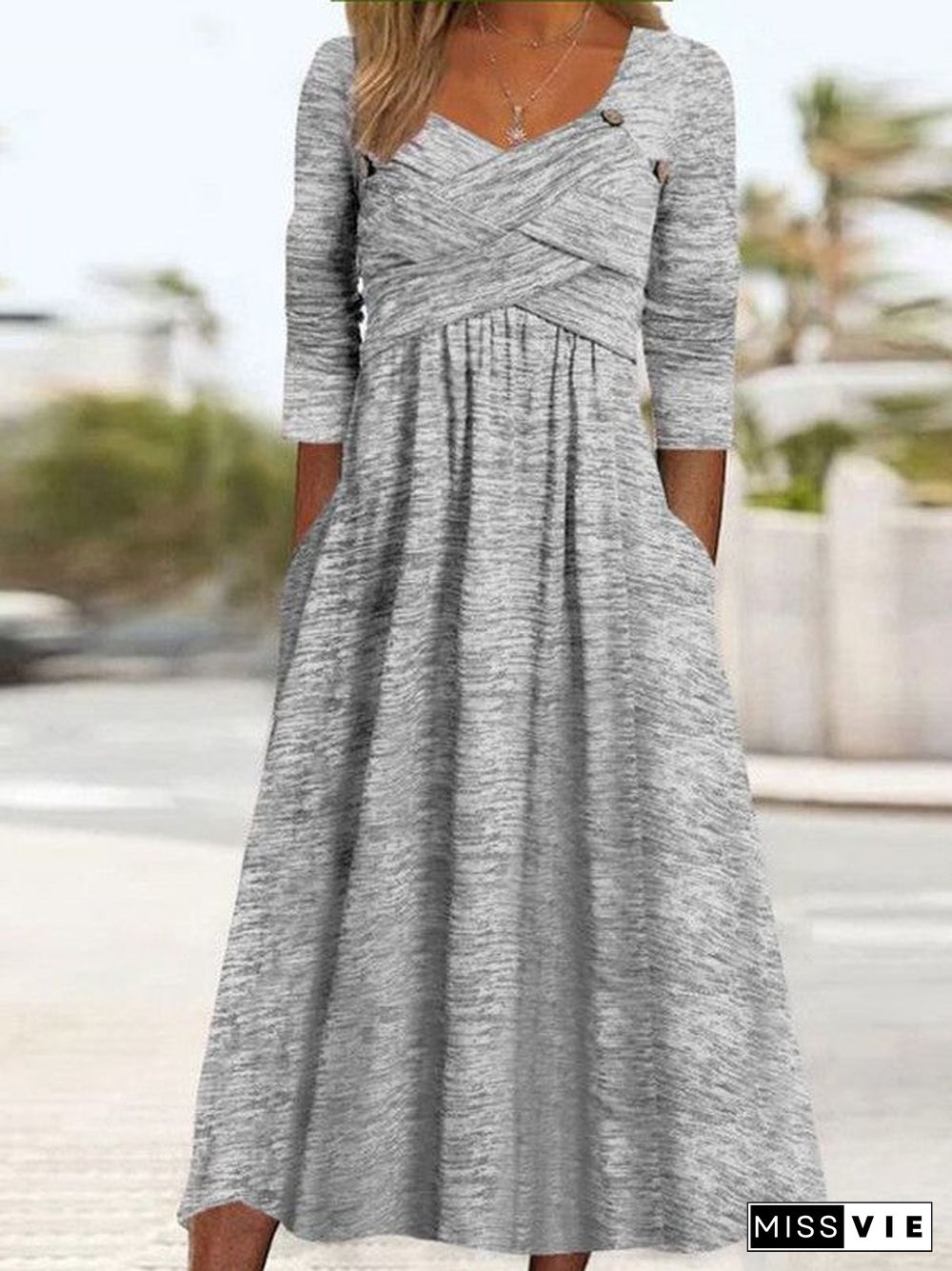 Grey V-Neck Long Sleeve Plain Midi Dress