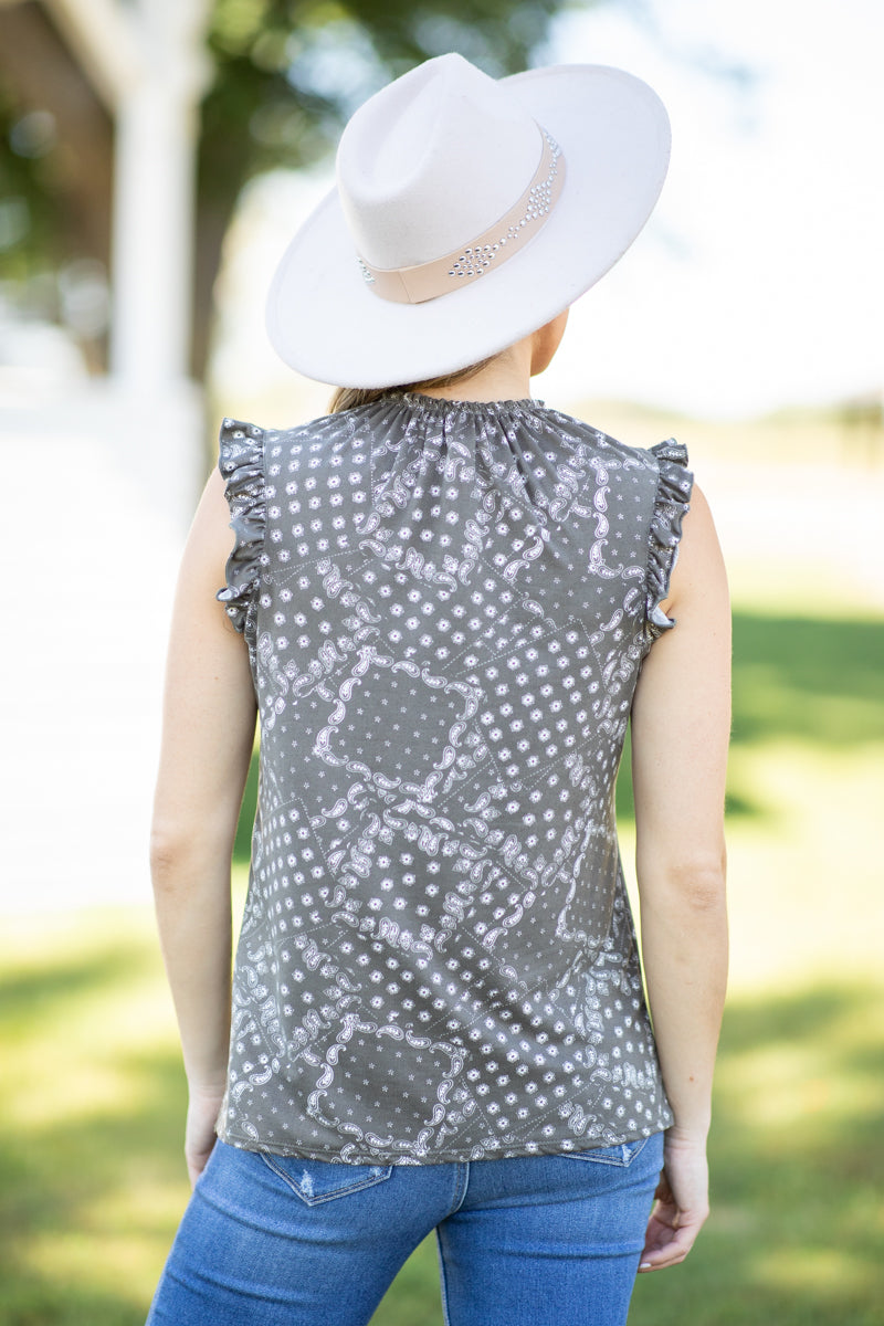 Olive Ruffle Trim Paisley Patchwork Tank