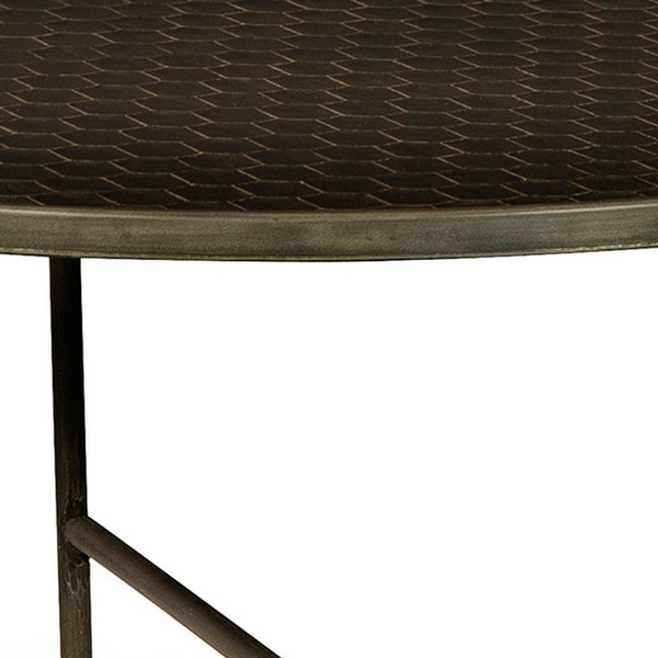 Modern 35 Inch Table， Crossed Metal Legs， Mango Wood Surface， Gray Brown