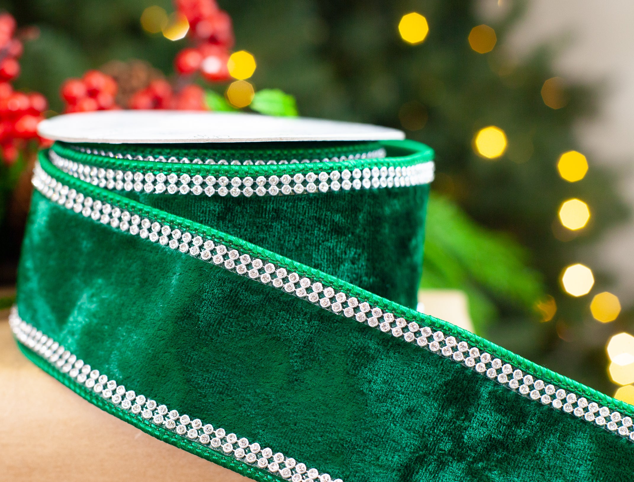 2.5 X 5YD Emerald Velvet With Swarovski Trim Ribbon