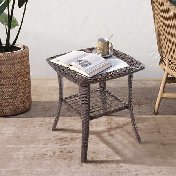 Patio Watcher Outdoor PE Rattan Side Table with 5mm Tempered Glass Top