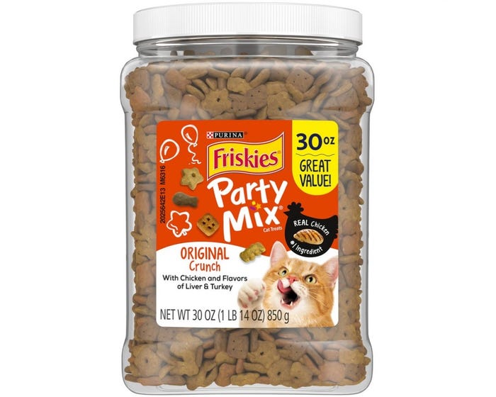 Purina Friskies Party Mix Original Crunch Cat Treats， 30 oz. Canister