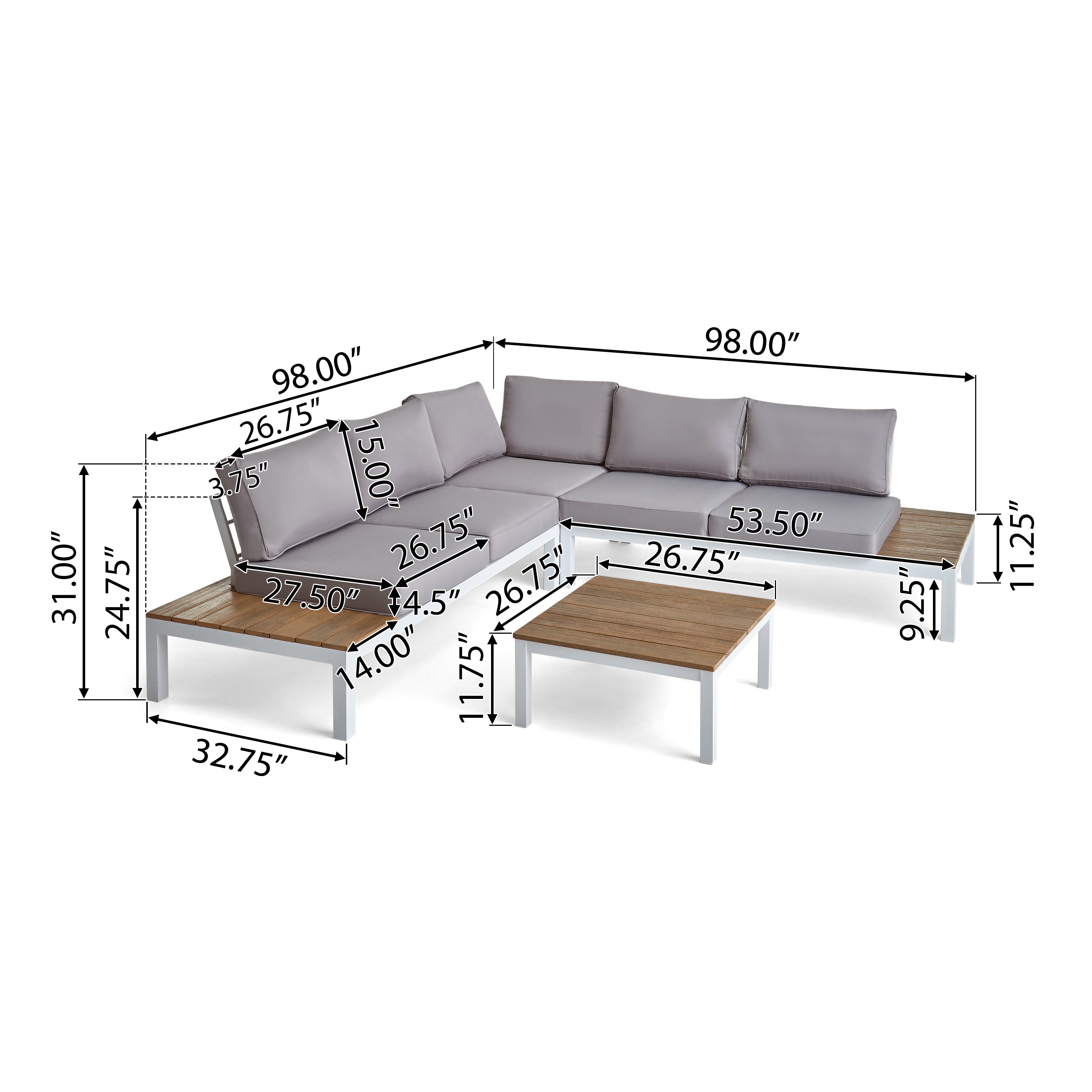 Blessen Outdoor Aluminum and Wood V-Shaped Sofa Set with Cushions