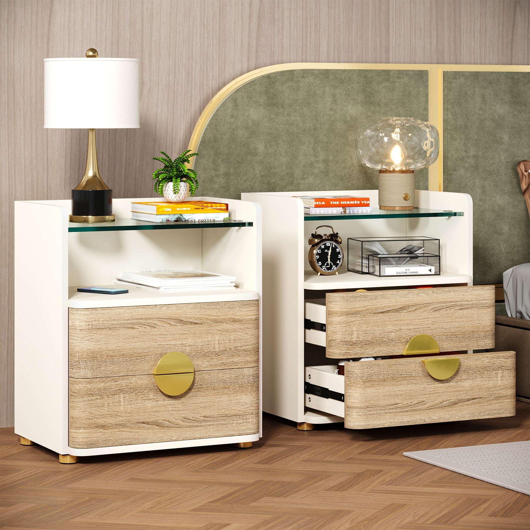 2-Drawer Nightstand, Modern Bedside Table with Open Storage