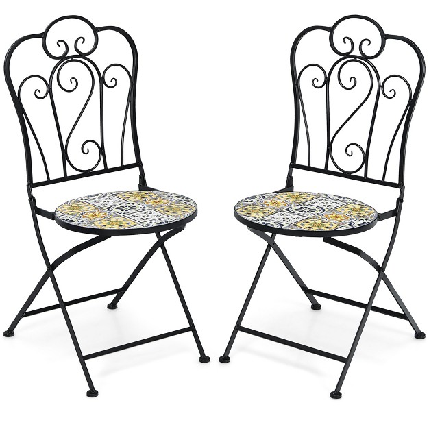 Costway 2pcs Patio Folding Mosaic Bistro Chairs Flower Pattern Seat Garden Deck