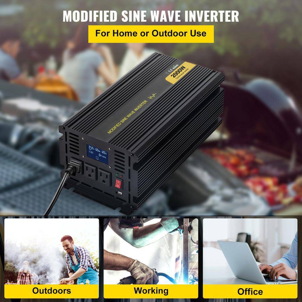 VEVOR Car Power Converter 2000-Watt Modified Sine Wave Inverter DC 24-Volt to AC 120-Volt with LCD Display Remote Controller ZNB2KW-24-120Y3B5V9