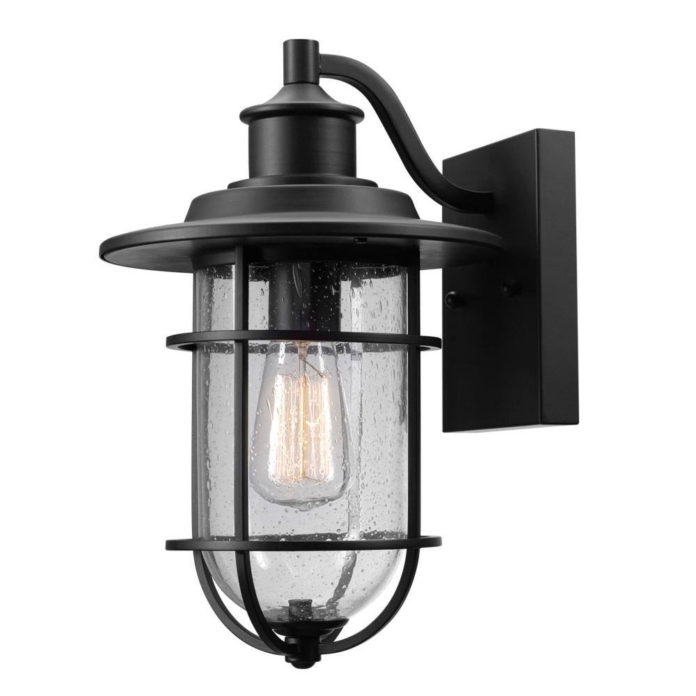 Globe Electric Turner Black Farmhouse IndoorOutdoor 1-Light Wall Sconce with Clear Seeded Glass 44308