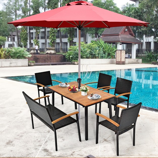 Costway 55 x27 x27 Patio Rattan Dining Table Acacia Wood Table Top Umbrella Hole