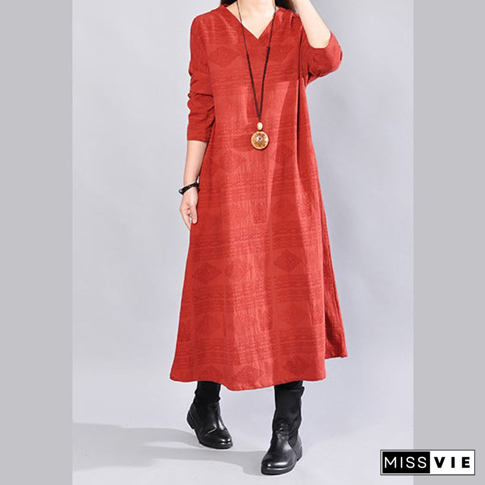 fashion burgundy Midi-length linen dress oversize linen clothing dresses Elegant back side open v neck linen clothing dress