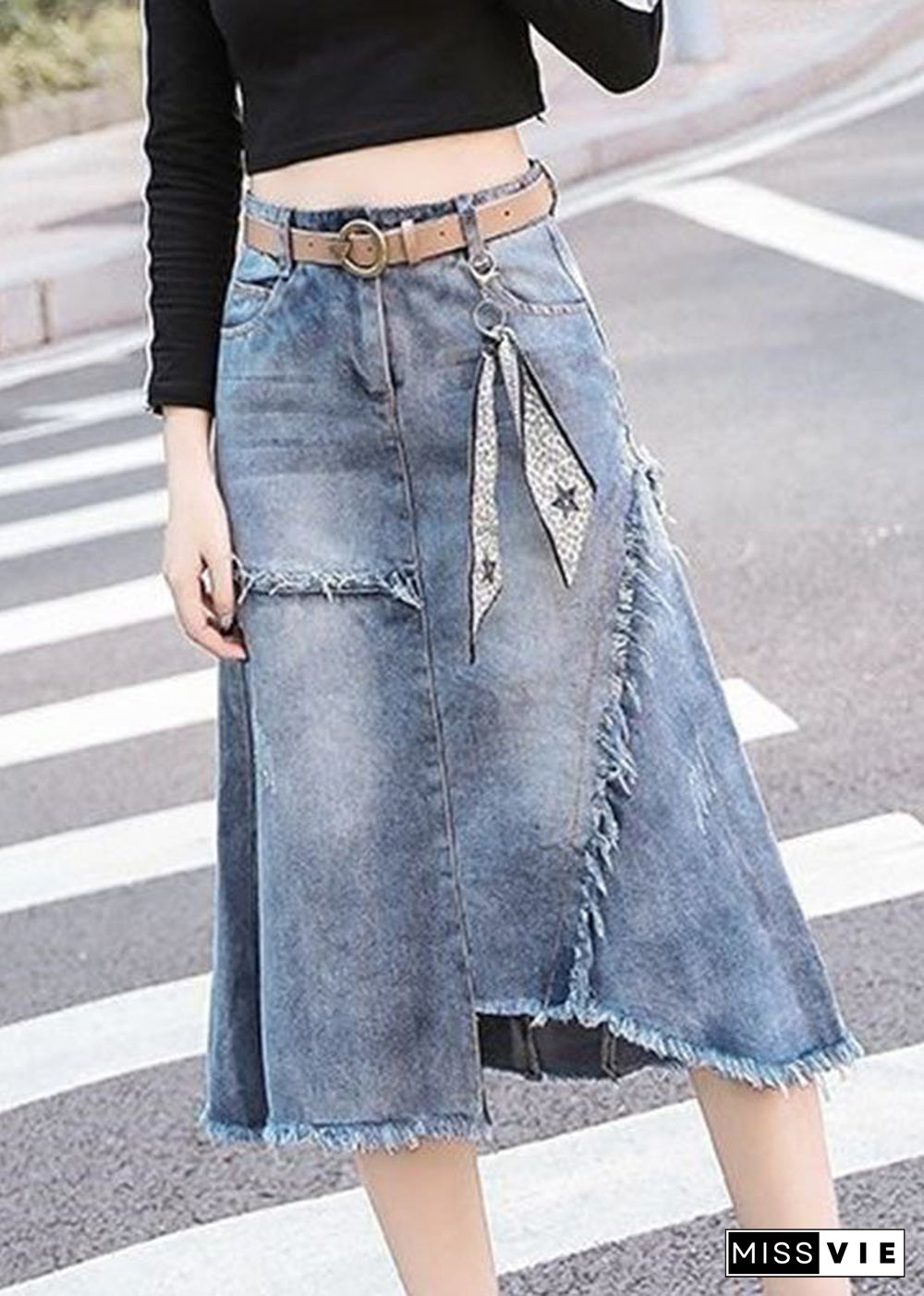 Art Light Blue Asymmetrical Patchwork High Waist Denim Skirt Summer