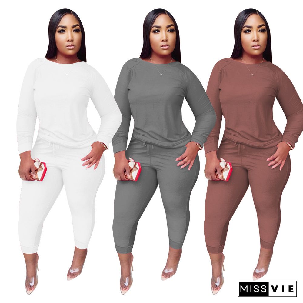 Long Sleeve Solid Pullover T-shirt Long Pant Outfits