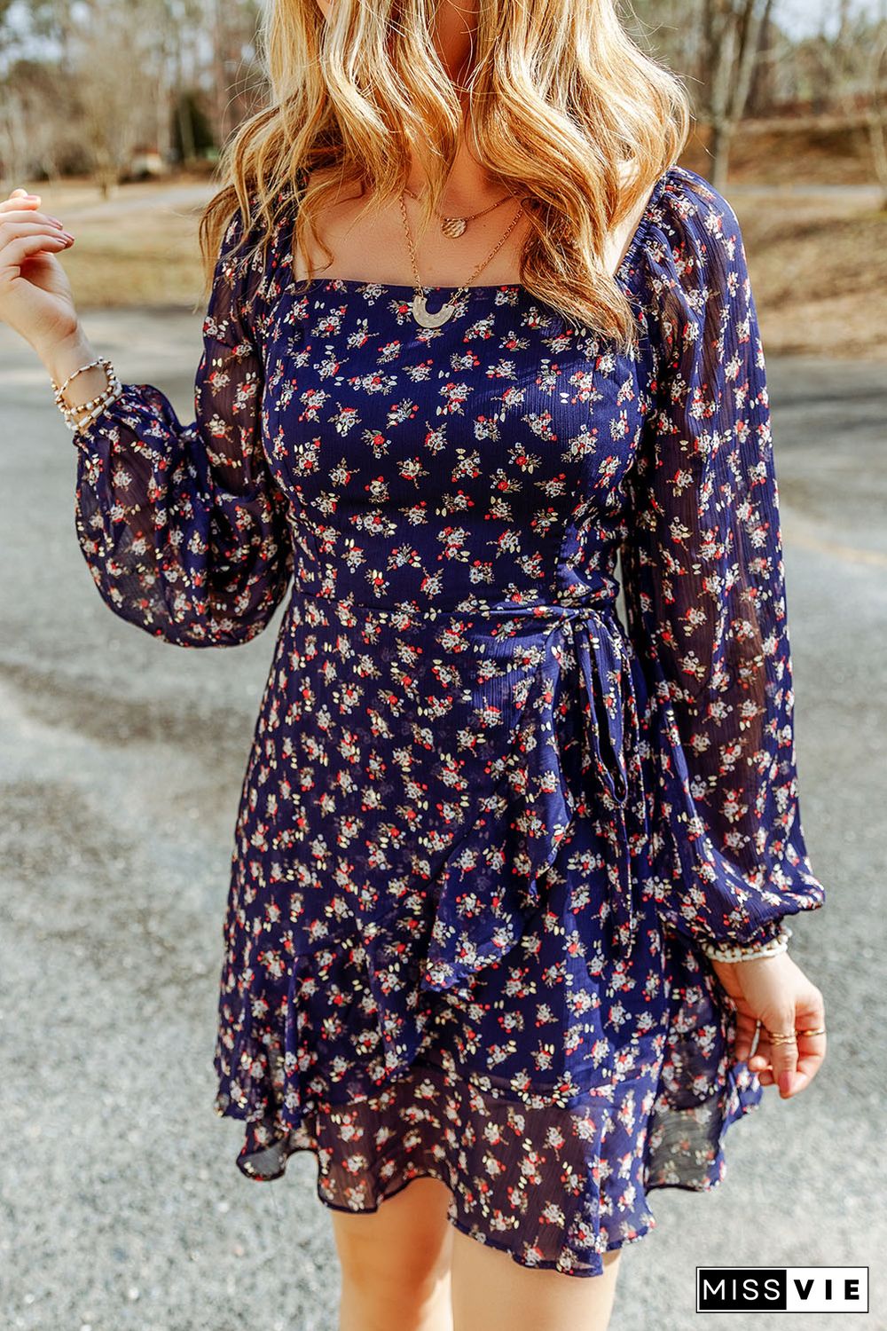 Blue Floral Print Smocked Square Neck Bubble Sleeve Dress