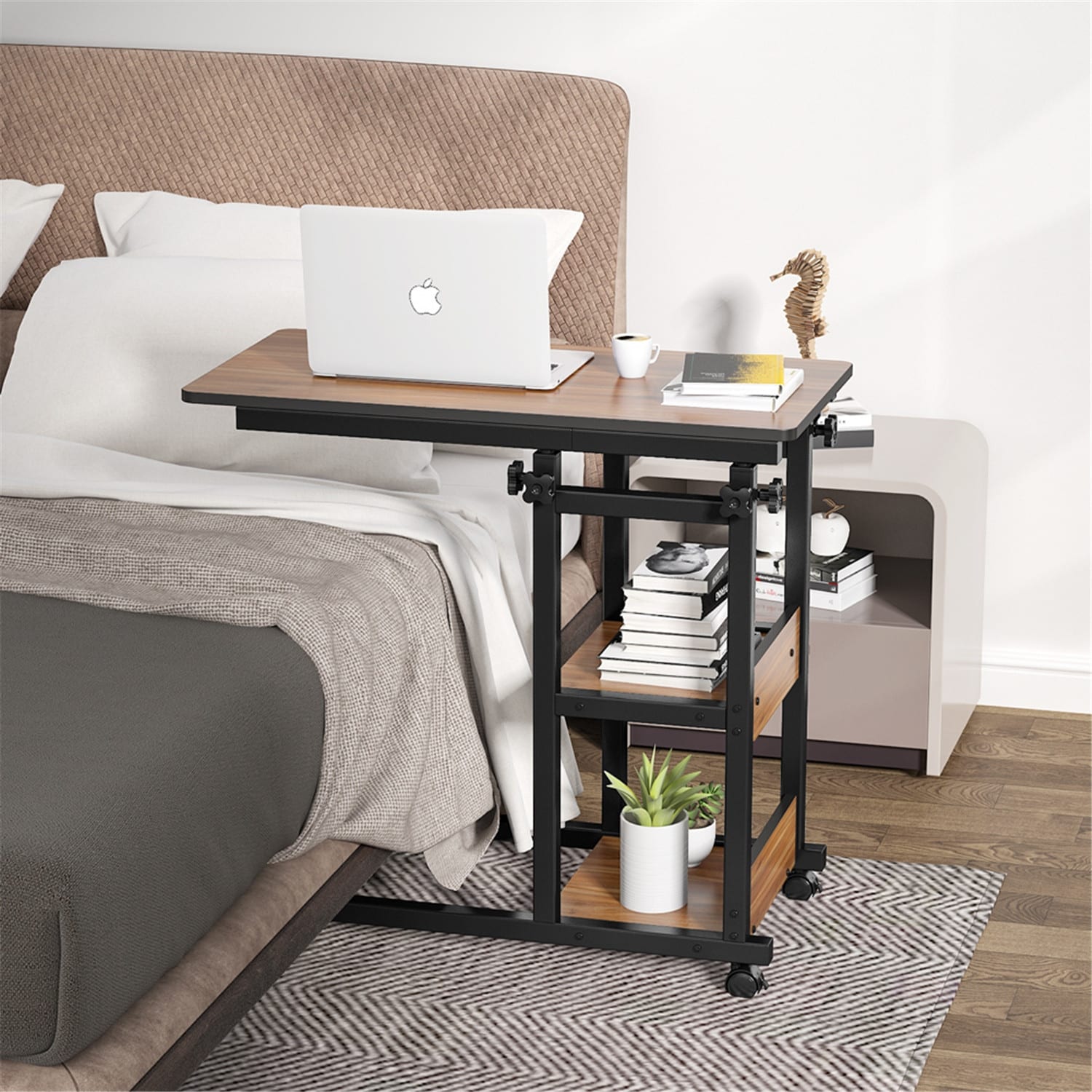 Brown/ Black Wood C-Shaped OverBed SideTable with Wheels， Industrial mobile Bed End Tables for Bedroom