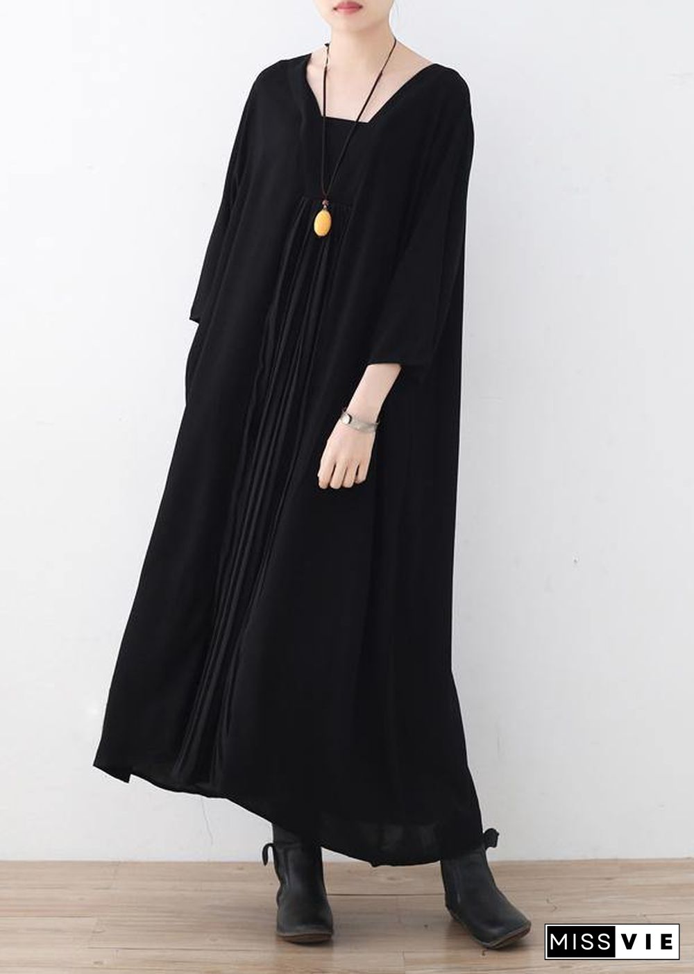 Women black v neck chiffon quilting dresses Cinched Maxi summer Dress