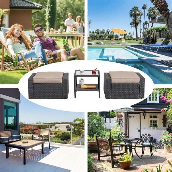 3 Piece Outdoor Ottomans with Glass Coffee Table - Overstock - 37928260