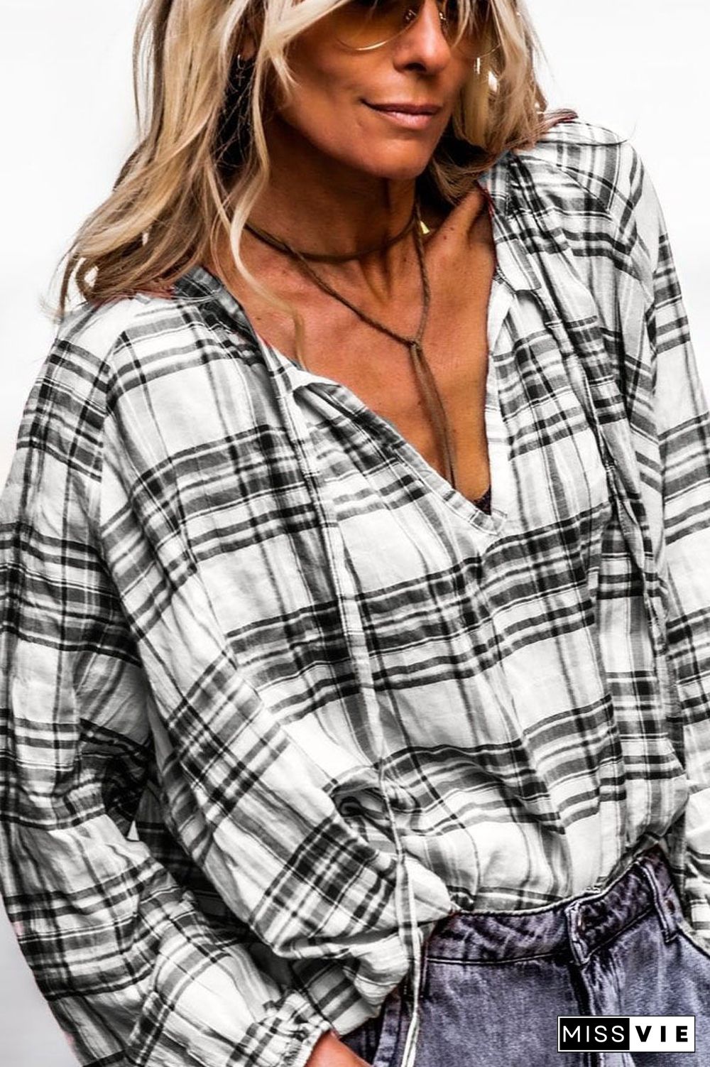 Plaid Print V-Neck Long Sleeve Blouse