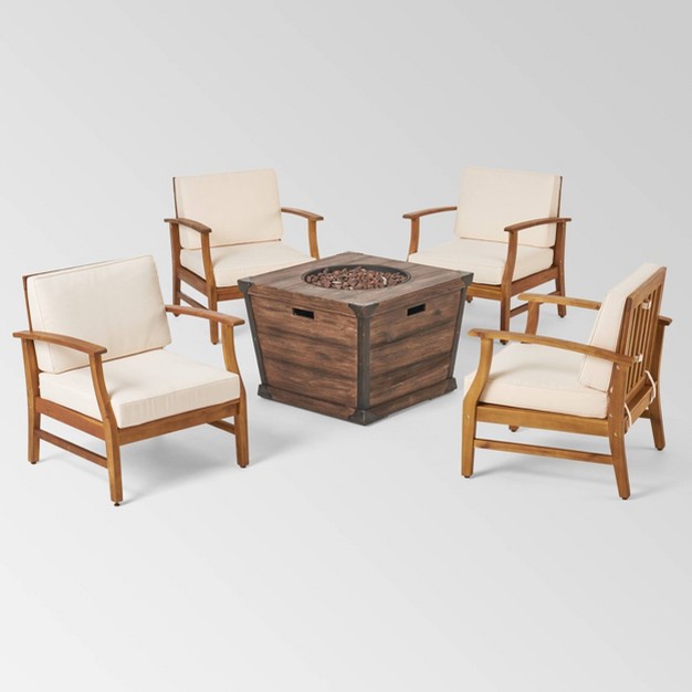 Mark 5pc Acacia Wood Club Chairs amp Fire Pit Teak cream brown Christopher Knight Home