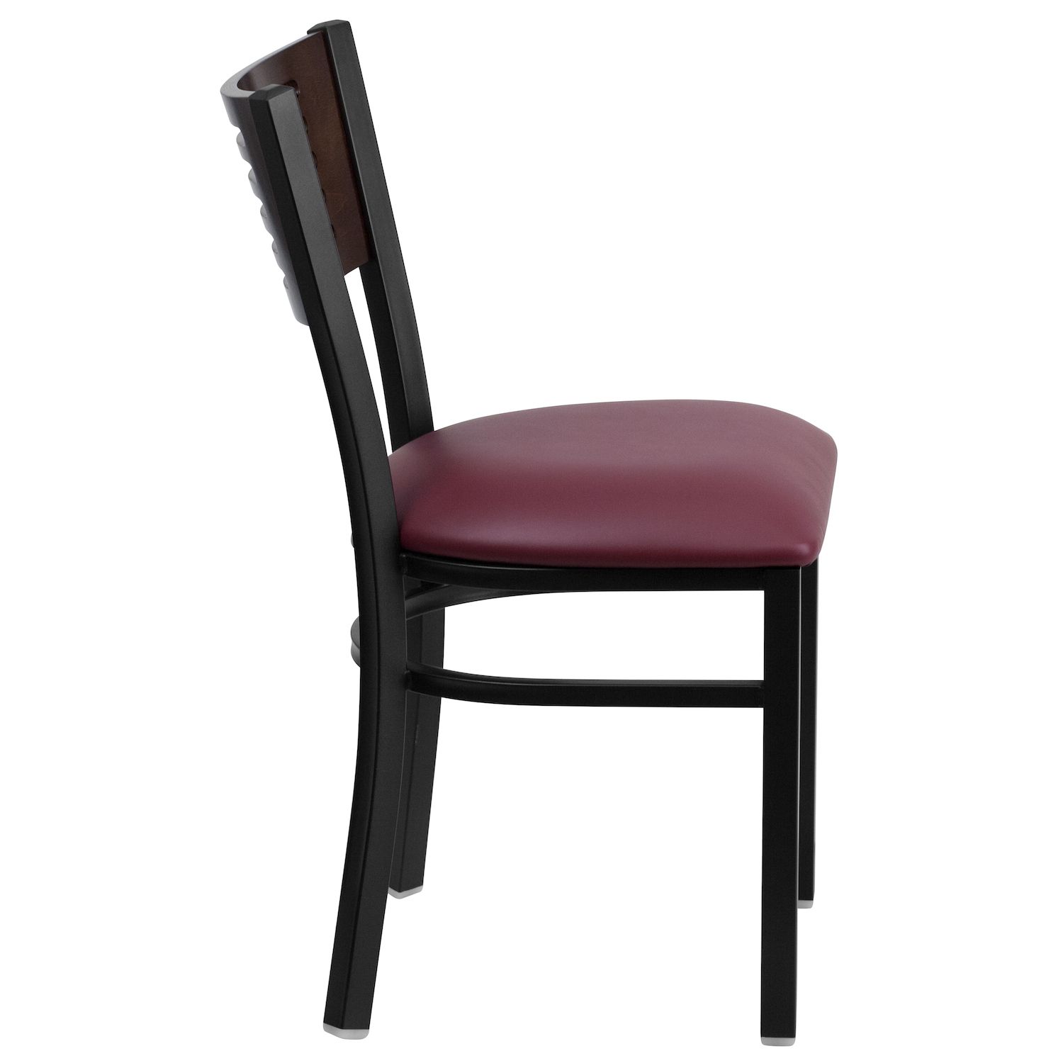 Emma and Oliver Black Slat Back Metal Restaurant Chair - Walnut Wood Back and Seat