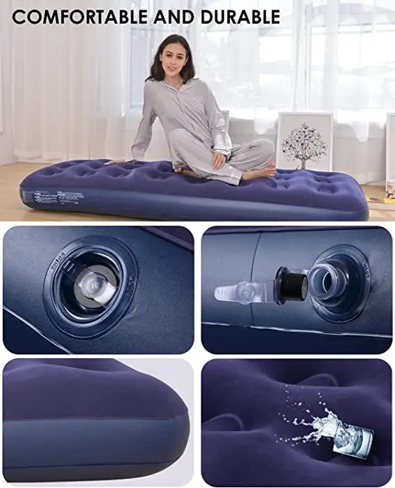 JEAOUIA Single Size Air Mattress with Pump for Inflatable   Portable Blue Blow Up Mattresses with Flocked top   Double Foldable